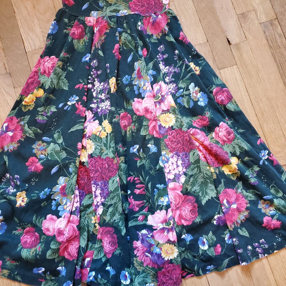 Vintage 80's Forest Green Floral A Line Fit and Flare Half Sleeve Midi Dress - Picture 11 of 12